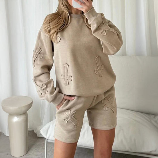 Damen nan lässiges Sweatshirt- und Short-Set mit dekorativen Schleifen-Applikationen, hohem Rundhalsausschnitt und Tunnelzugbund Shop Nory