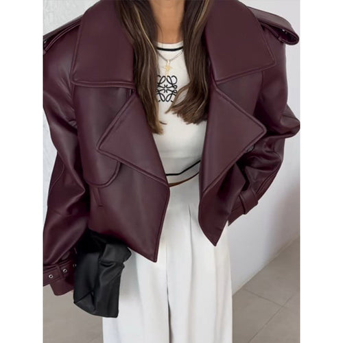 Damen Cropped-Bikerjacke aus Kunstleder mit übergroßem Revers, verstellbaren Manschetten und Epauletten Shop Nory