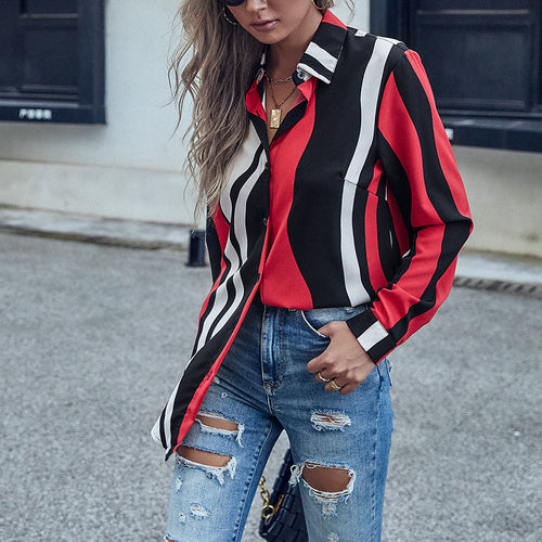 Damen Langarm-Hemdbluse mit Knotenfront, Hemdblusenkragen und vertikalen Streifen Shop Nory