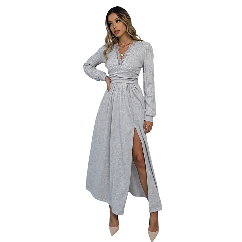 Damen Elegantes Wickel‑Maxikleid mit Spitzenbesatz, tailliertem Knotenbund und hohem Beinschlitz Shop Nory