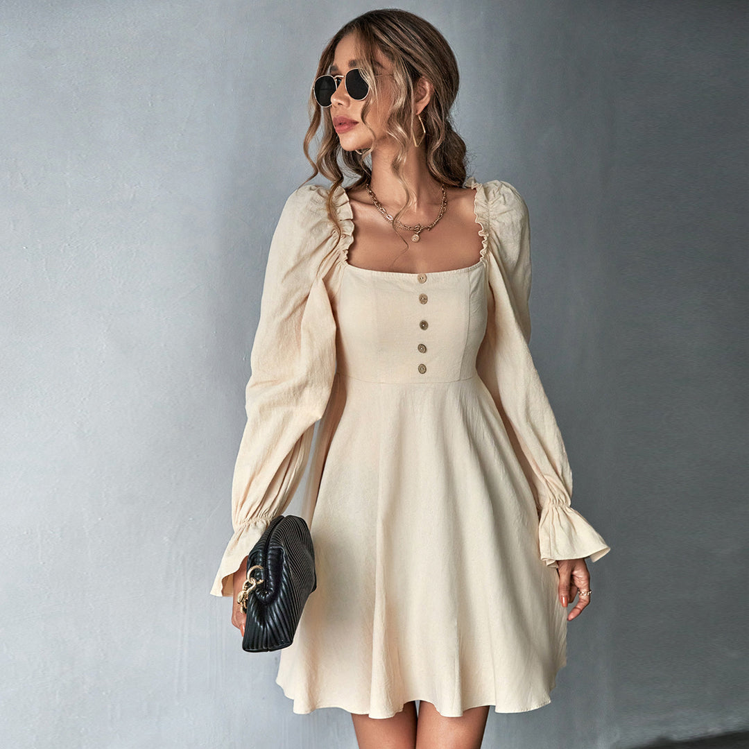 Damen romantisches A-Linien Kleid mit Puffärmeln quadratischem Ausschnitt und taillenbetonter Silhouette Shop Nory