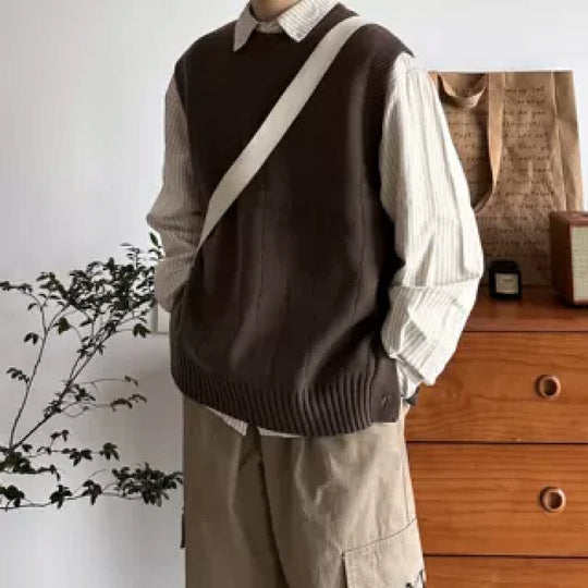 Herren Oversized Ärmellose Strickweste mit geripptem Saum und Rundhalsausschnitt Shop Nory