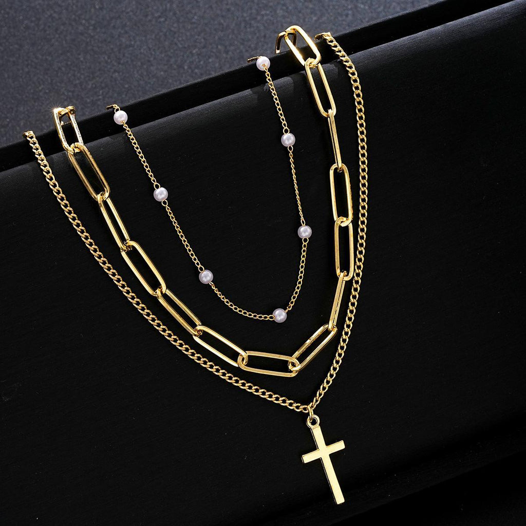Damen mehrlagige Halskette mit eleganten Perlen und Kreuzanhänger Shop Nory