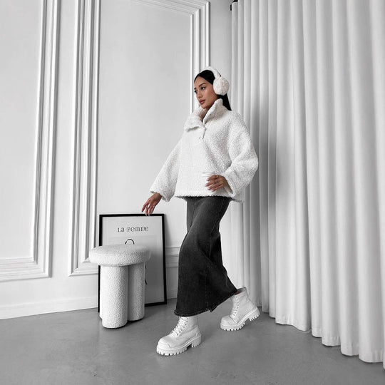Damen Oversized Teddy-Pullover mit halber Druckknopfleiste und Stehkragen Shop Nory