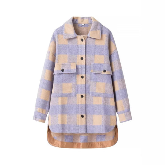 Damen Oversized Hemdjacke im Karo mit großen Pattentaschen und gerundetem Saum Shop Nory