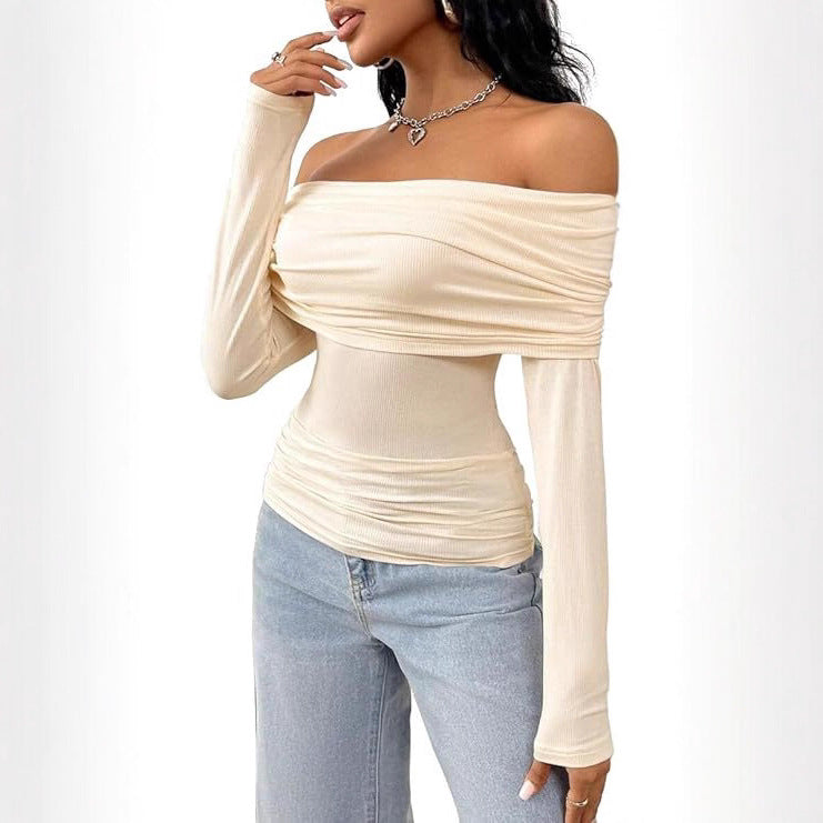 Damen Schulterfreies Ripp-Longsleeve mit weitem Umschlagkragen und taillierter Silhouette Shop Nory
