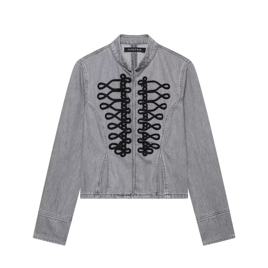 Damen Jeansjacke mit militärischer Kordelapplikation und Stehkragen Shop Nory