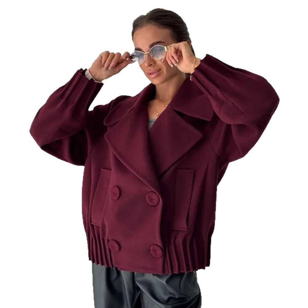 Damen Kurzer Boxy-Wollmantel mit übergroßem Schalkragen, doppelter Knopfleiste und geripptem Bund Shop Nory