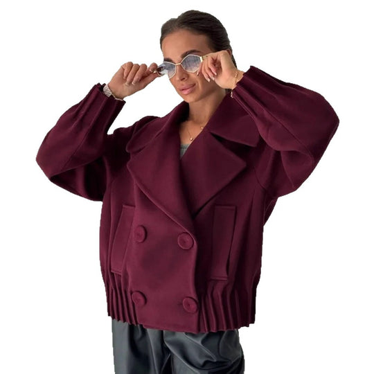 Damen Kurzer Boxy-Wollmantel mit übergroßem Schalkragen, doppelter Knopfleiste und geripptem Bund Shop Nory