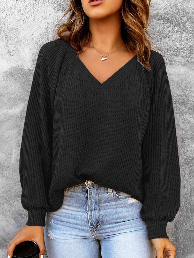 Damen Feinstruktur-Strickpullover mit V-Ausschnitt, Ballonärmeln und Rippbündchen Shop Nory