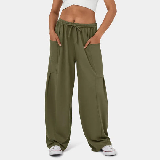 Damen Weite Relax‑Hose mit hohem Elastikbund, Tunnelzug und großen Cargo-Taschen Shop Nory