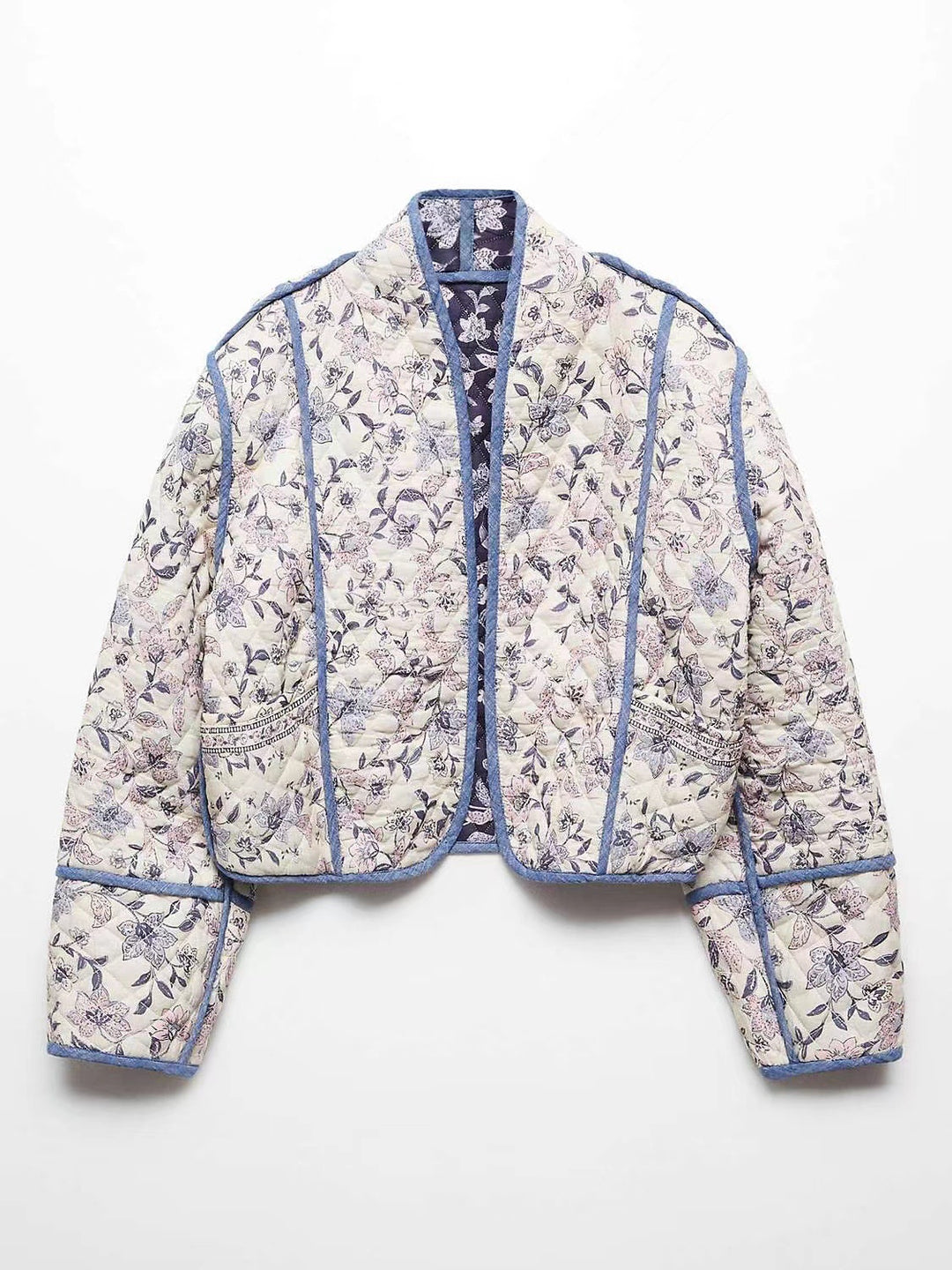 Damen Kurz geschnittene gesteppte Blousonjacke mit floraler Stickerei und Kontrastpaspel Shop Nory