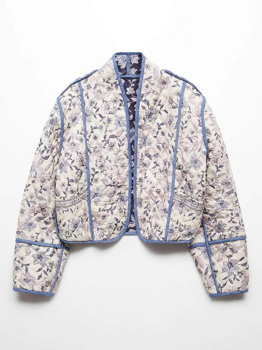 Damen Kurz geschnittene gesteppte Blousonjacke mit floraler Stickerei und Kontrastpaspel Shop Nory
