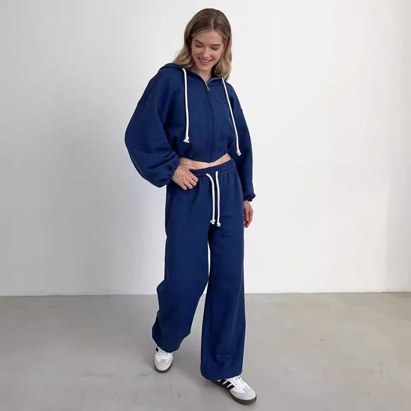 Damen kurzes Zip-Hoodie-Set mit taillenhoher Wide-Leg Jogginghose aus French-Terry Shop Nory