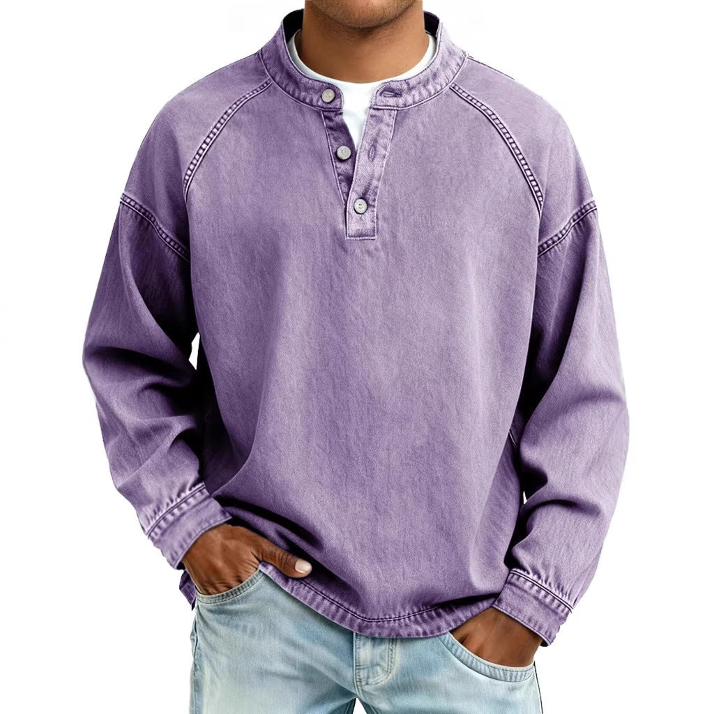 Herren nan verwaschenes Henley-Shirt mit Stehkragen, lockerer Passform und Knopfleiste Shop Nory