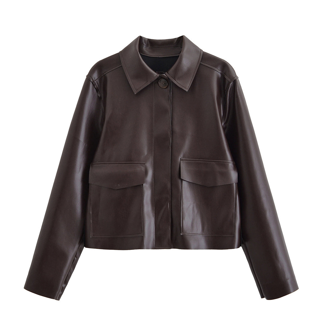 Damen Kurze Boxy-Lederoptikjacke mit Pattentaschen und Hemdkragen Shop Nory
