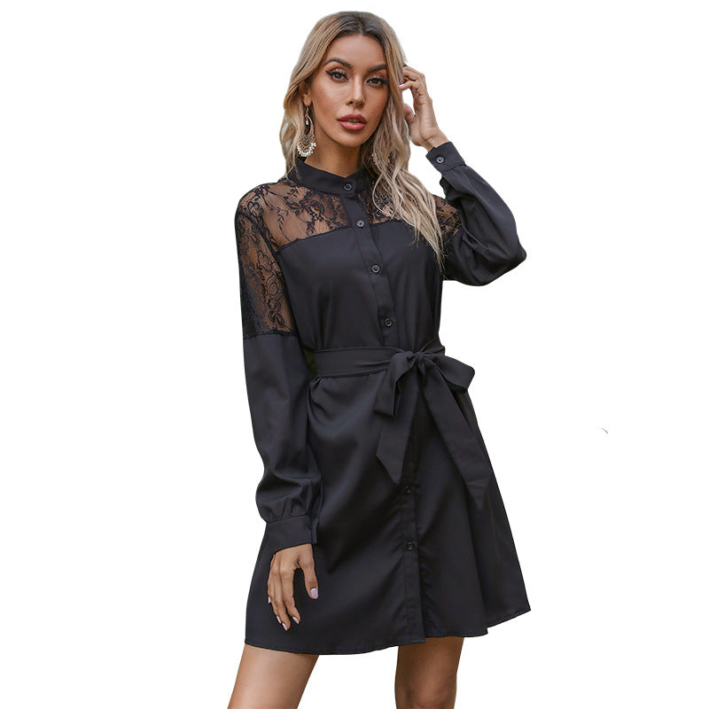 Damen Hemdblusenkleid mit Spitzenpassé, Taillengürtel und A-Linien-Schnitt Shop Nory