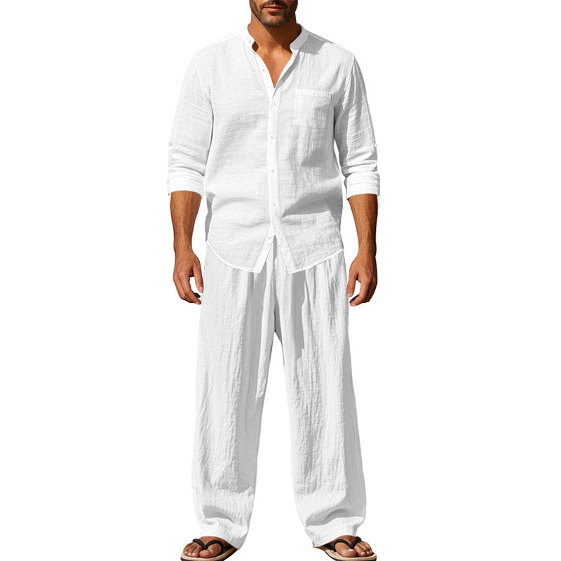 Herren nan legeres Leinen-Relax-Set mit Stehkragen-Hemd und weitem Kordelbund-Hose Shop Nory