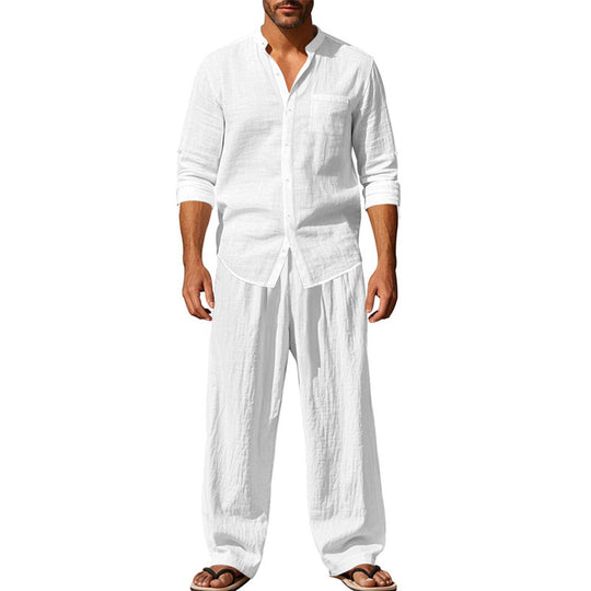 Herren nan legeres Leinen-Relax-Set mit Stehkragen-Hemd und weitem Kordelbund-Hose Shop Nory