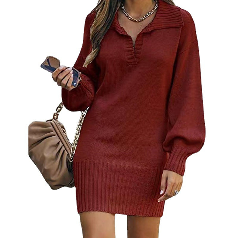 Damen nan schulterfreies Strickminikleid mit weitem V-Ausschnitt und Rippbund Shop Nory