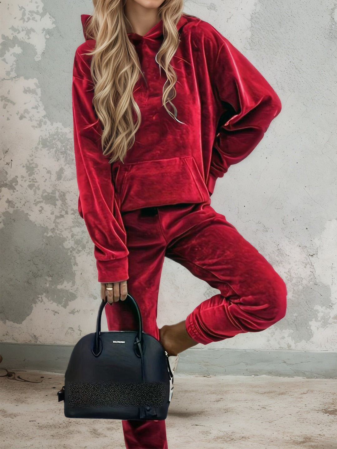 Damen Samt-Jogginganzug mit Kapuzenhoodie, Kängurutasche und elastischer Bündchenhose Shop Nory