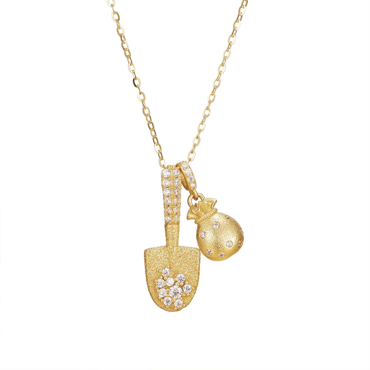 Damen Halskette mit goldfarbenem Schaufel- und Geldbeutel-Anhänger und funkelnden Kristallen Shop Nory