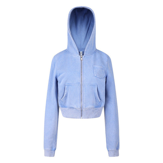 Damen Kurz geschnittene Kapuzen-Sweatjacke mit durchgehendem Reißverschluss im Boxy-Schnitt und Brusttasche Shop Nory