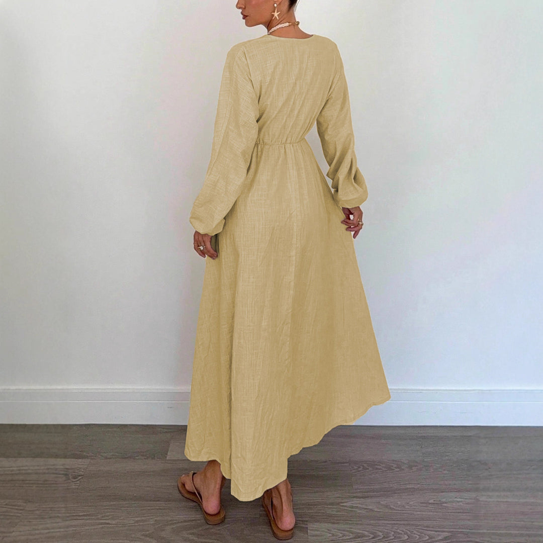 Damen Maxi‑Leinenkleid mit V‑Ausschnitt, Bindefront und Ballonärmeln Shop Nory