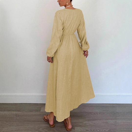 Damen Maxi‑Leinenkleid mit V‑Ausschnitt, Bindefront und Ballonärmeln Shop Nory