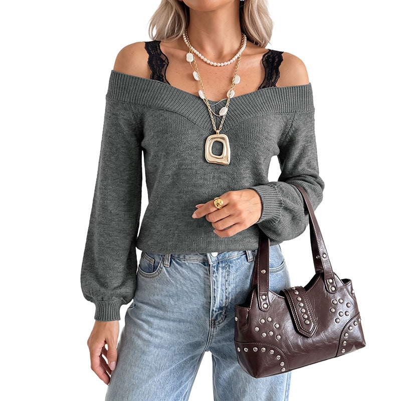 Damen Off-Shoulder Feinstrickpullover mit V-Rippkragen und Ballonärmeln Shop Nory