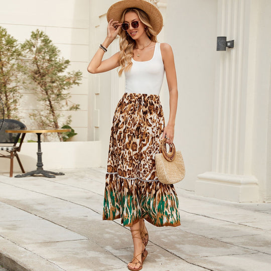 Damen Maxi-Rock mit animalischem Print und raffinierter Volant
