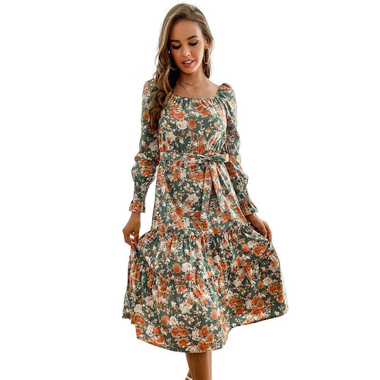 Damen Midikleid mit quadratischem Ausschnitt, Puffärmeln und Taillenschnürung Shop Nory