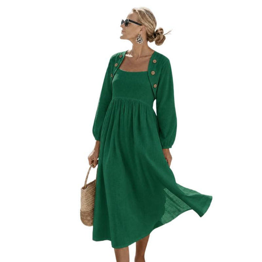 Damen Midikleid in Leinenoptik mit quadratischem Ausschnitt, geraffter Empire-Taille und Schulterknöpfen Shop Nory