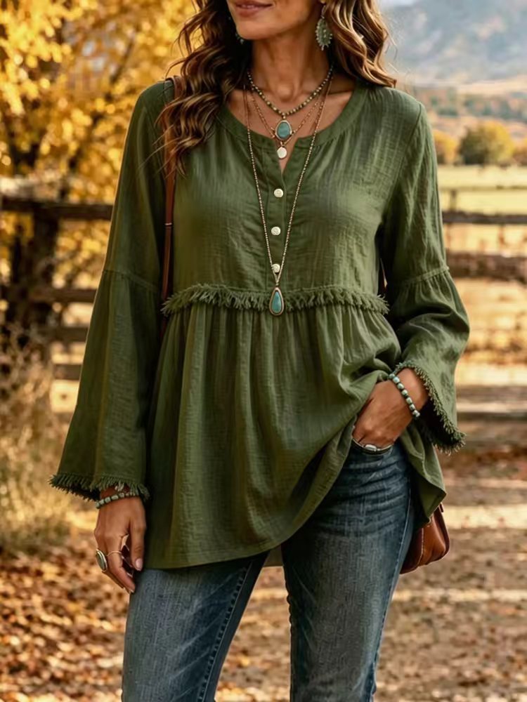 Damen Fransen-Tunika-Bluse mit V-Ausschnitt und Glockenärmeln Shop Nory