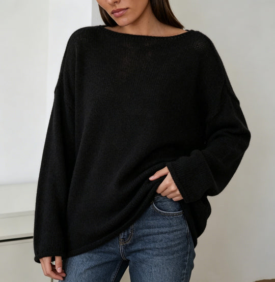 Damen luftiger Oversize-Feinstrickpullover mit weitem Arm und Rundhalsausschnitt Shop Nory