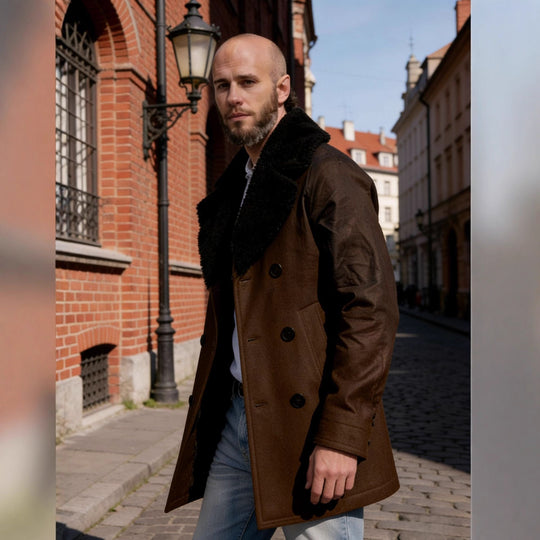 Herren Doppelreihiger Kurzmantel aus Wollmix mit großem Teddykragen Shop Nory
