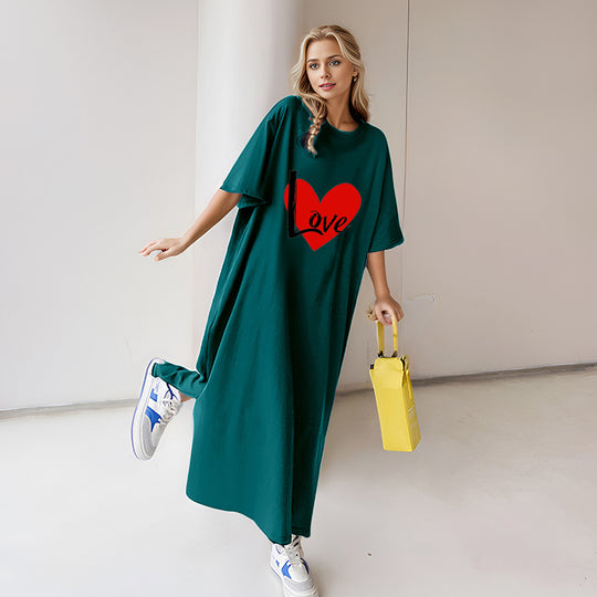 Damen nan locker geschnittenes Maxikleid mit großem Herzgrafikprint und Rundhalsausschnitt Shop Nory