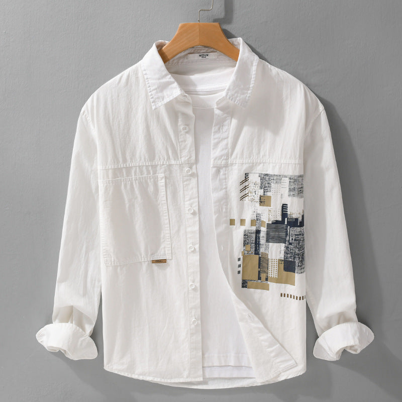 Herren Leichtes Baumwoll-Canvas-Overshirt mit abstraktem Frontprint und Doppelbrusttasche Shop Nory