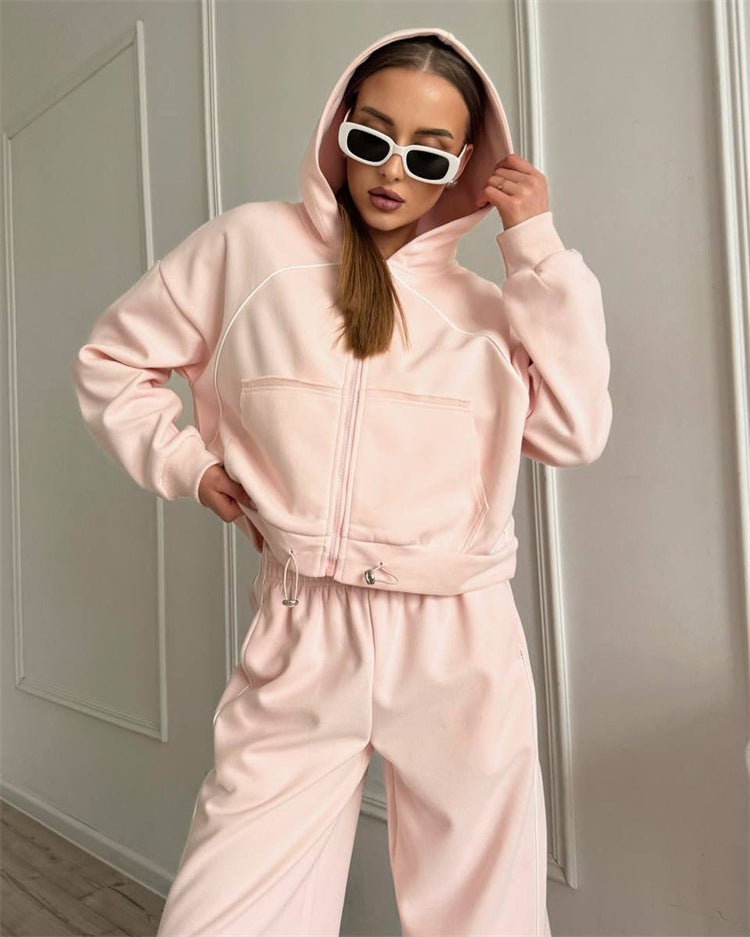 Damen kurzes Kapuzen-Sweatset mit Frontreißverschluss, kontrastierender Paspel und elastischer Highwaist-Jogger Shop Nory