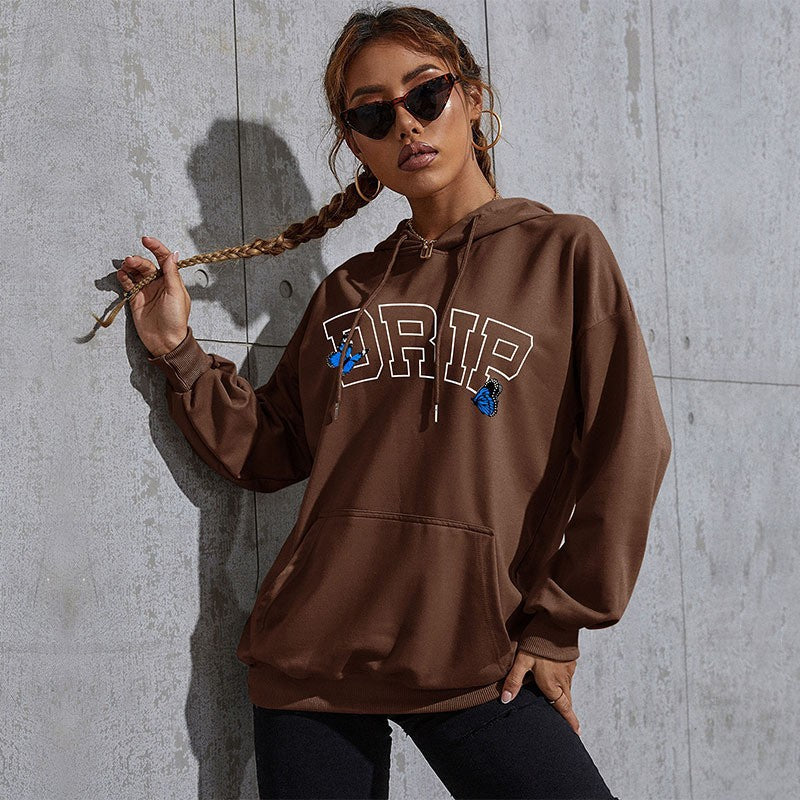 Damen Oversize-Kapuzenpullover mit Kängurutasche und Schmetterling-Stickerei Shop Nory