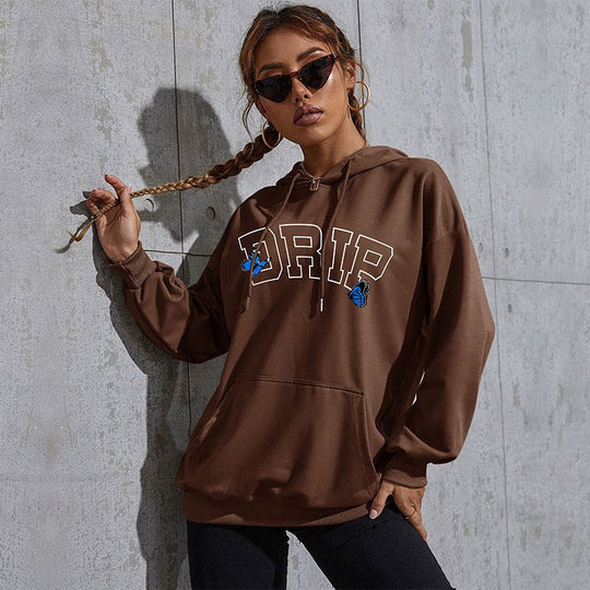 Damen Oversize-Kapuzenpullover mit Kängurutasche und Schmetterling-Stickerei Shop Nory