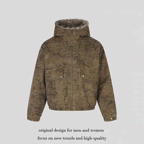 Damen Wattierte Kapuzen‑Bomberjacke mit Kunstfellbesatz, Camouflage‑Effekt und elastischem Saum Shop Nory