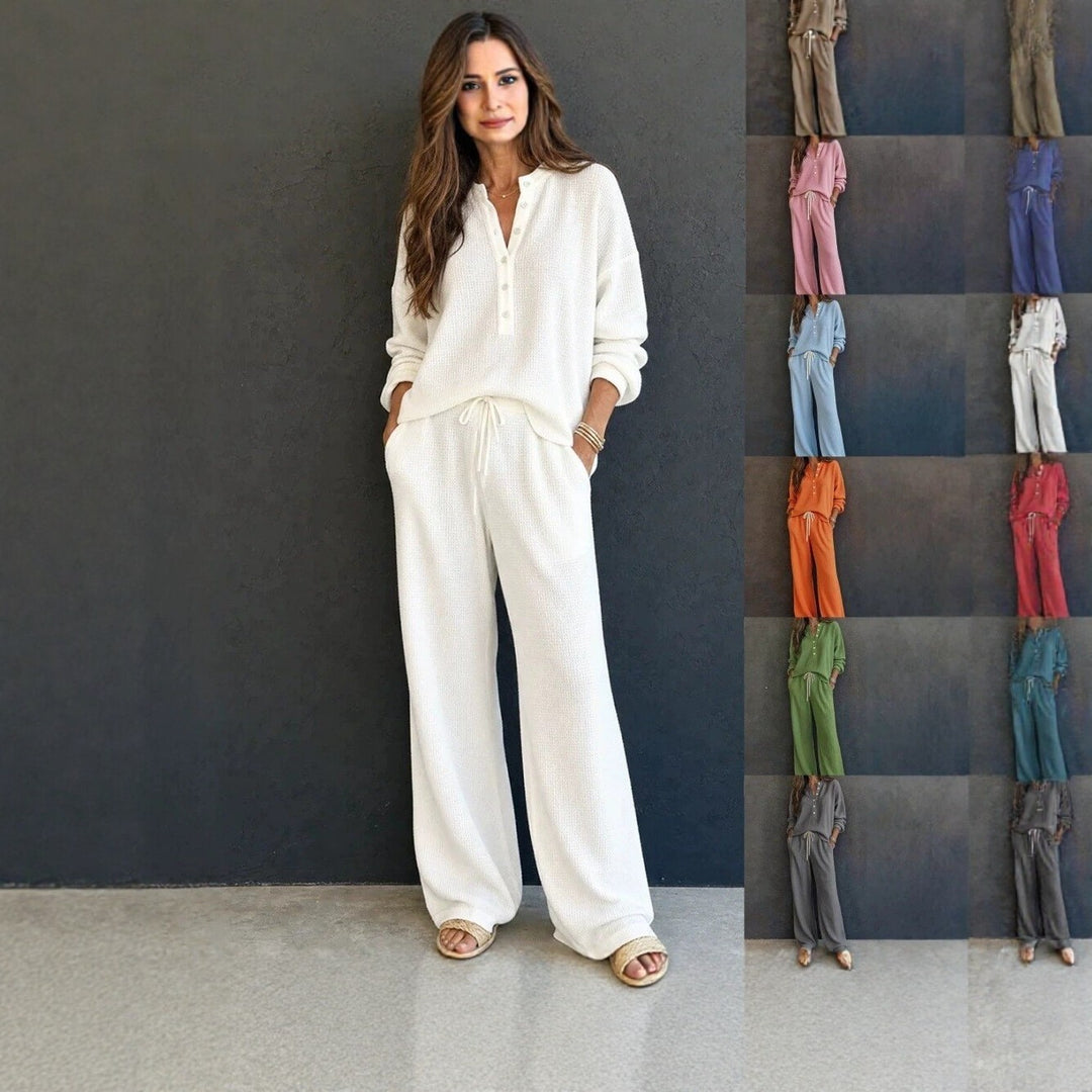 Damen Waffelstrick-Loungewear-Set mit Henley-Oberteil, Kordelbund und weiter Palazzo-Hose Shop Nory