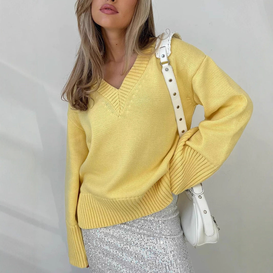 Damen eleganter V-Ausschnitt Pullover aus weicher Baumwolle Shopnory