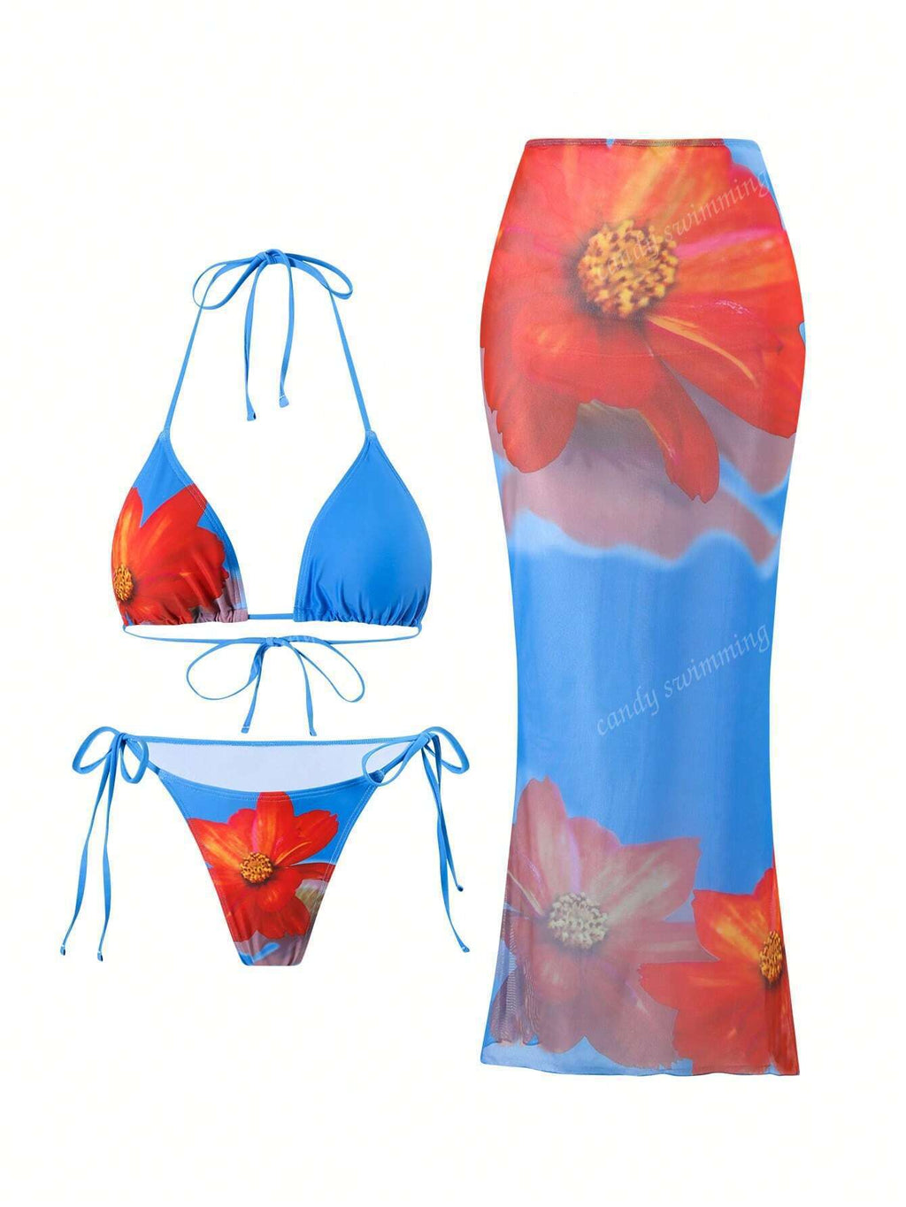 Damen Triangel-Bikini-Set mit floralen Mustern und transparentem Maxirock