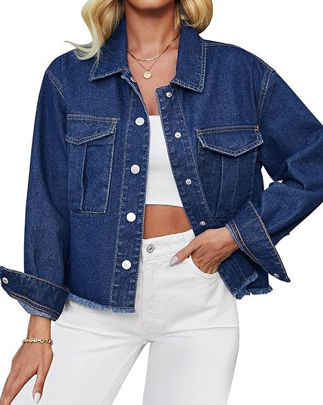 Damen Kurz geschnittene Oversize-Jeansjacke mit rohem Saum und aufgesetzten Brusttaschen Shop Nory