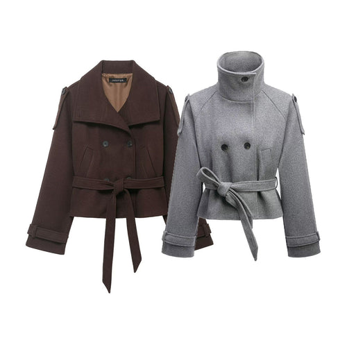 Damen Cropped Wollmix‑Kurzmantel mit hohem Stehkragen, Epauletten und Taillengürtel Shop Nory