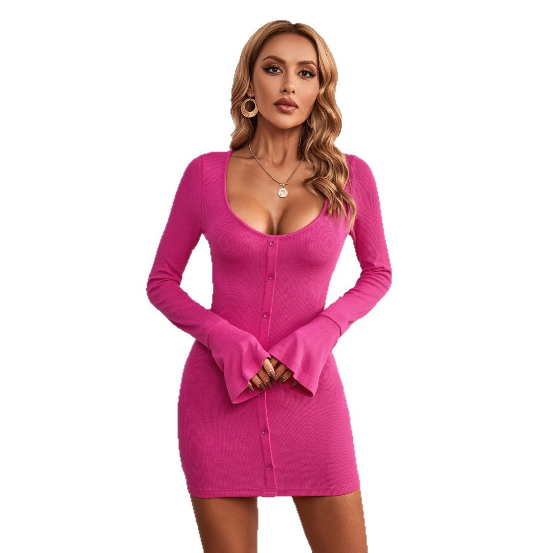 Damen figurumschmeichelndes Bodycon-Minikleid mit durchgehender Knopfleiste, U‑Ausschnitt und Trompetenärmeln Shop Nory
