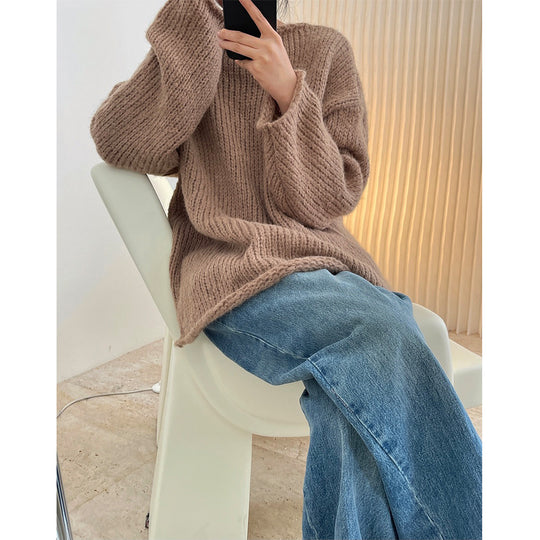 Damen Grobgestrickter Oversize-Pullover mit Rundhalsausschnitt und verlängertem Saum Shop Nory
