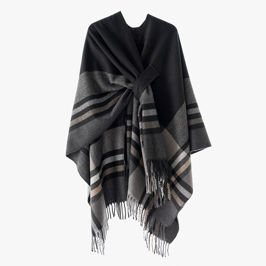 Damen Revers‑Cape aus Wollmischung mit Bindegürtel und Karomuster Shop Nory
